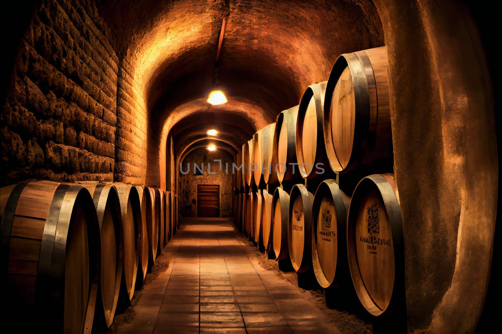 Wine cellar interior with large wooden barrels.  Generative AI.
