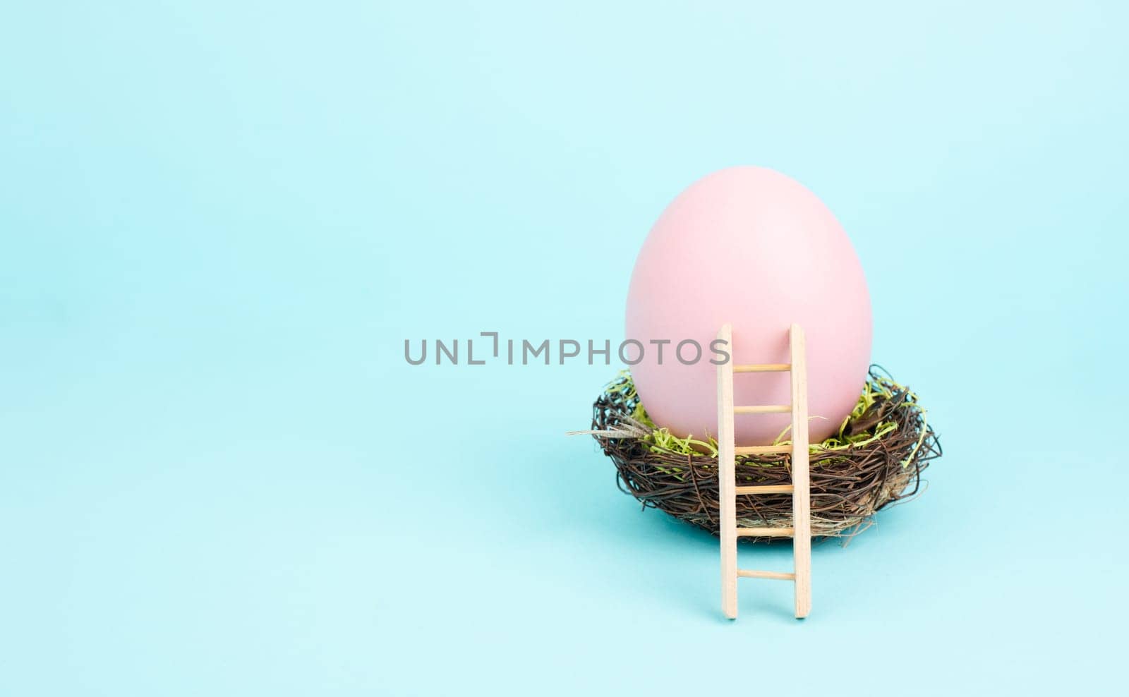 Huge pink colored easter egg in a birds nest and a wooden ladder, spring holiday greeting card