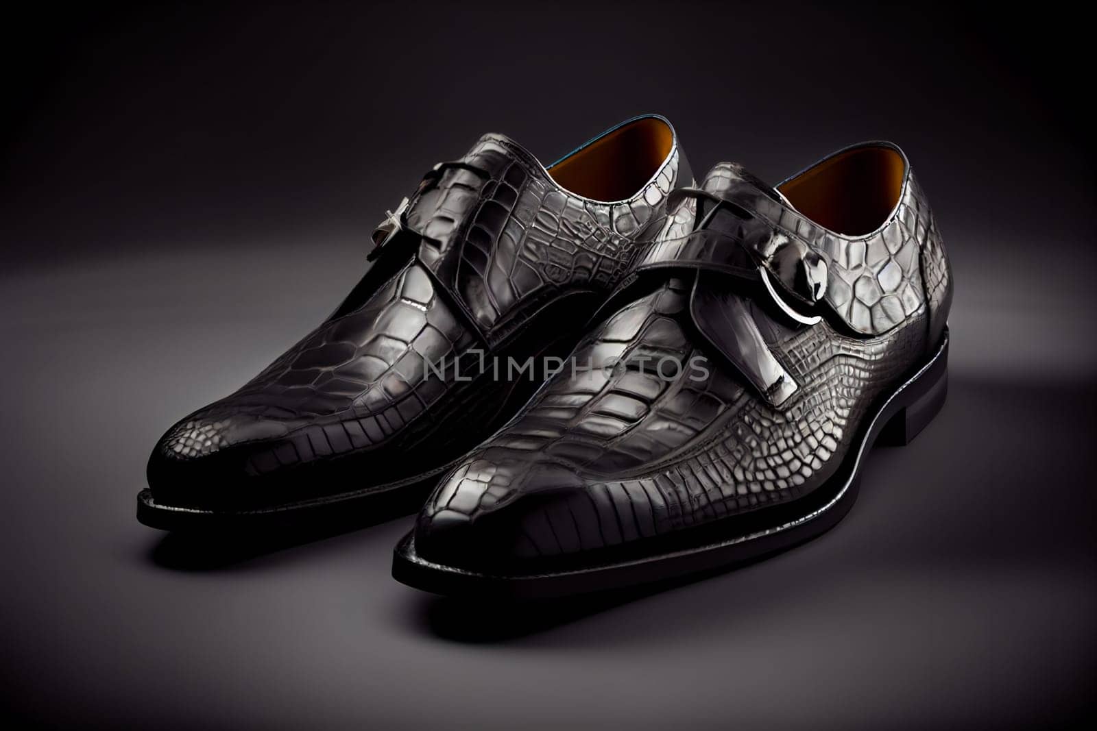 Men's black crocodile leather shoes.  Male black shoes.  Generative AI.