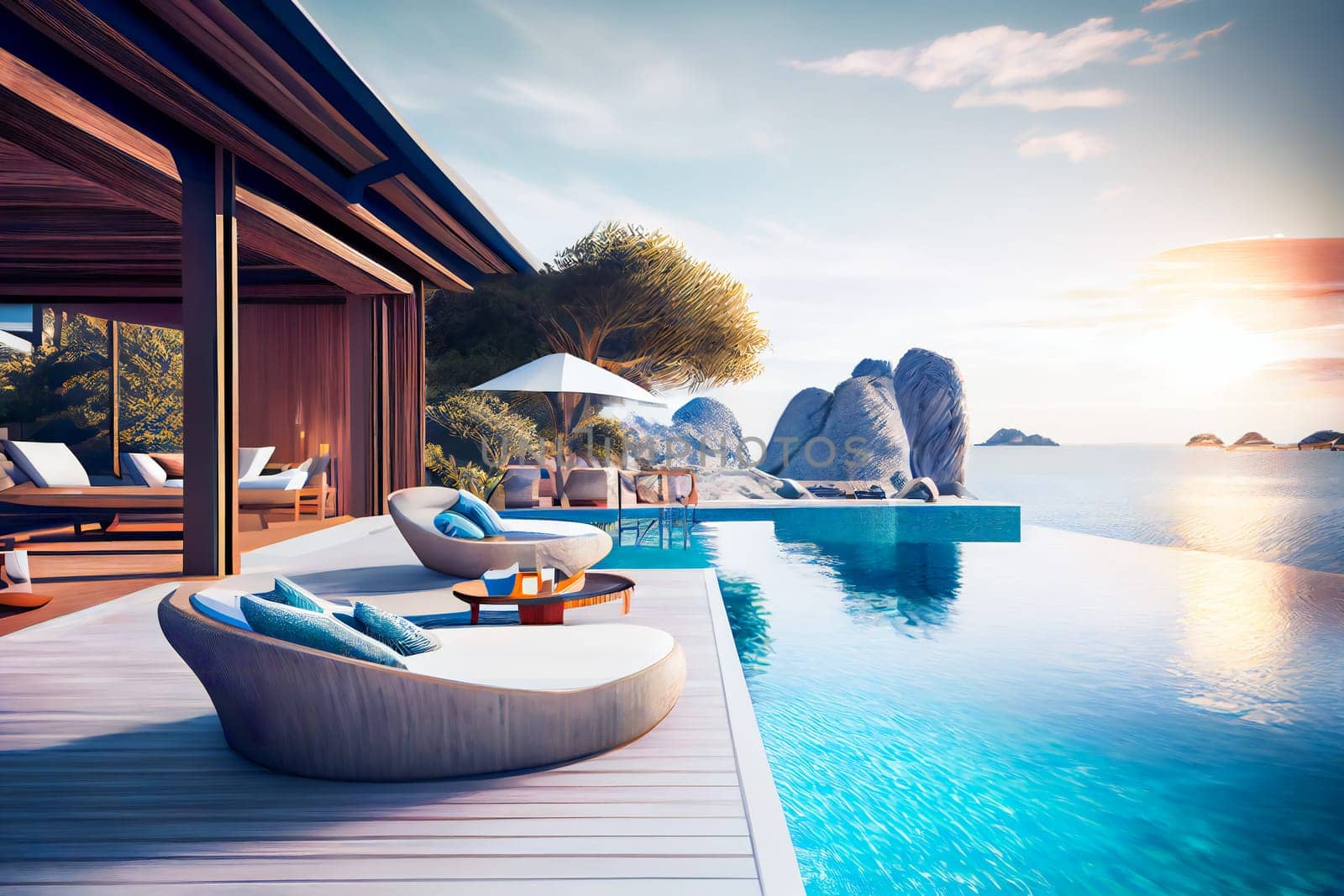 Beautiful luxury outdoor swimming pool.  Generative AI.