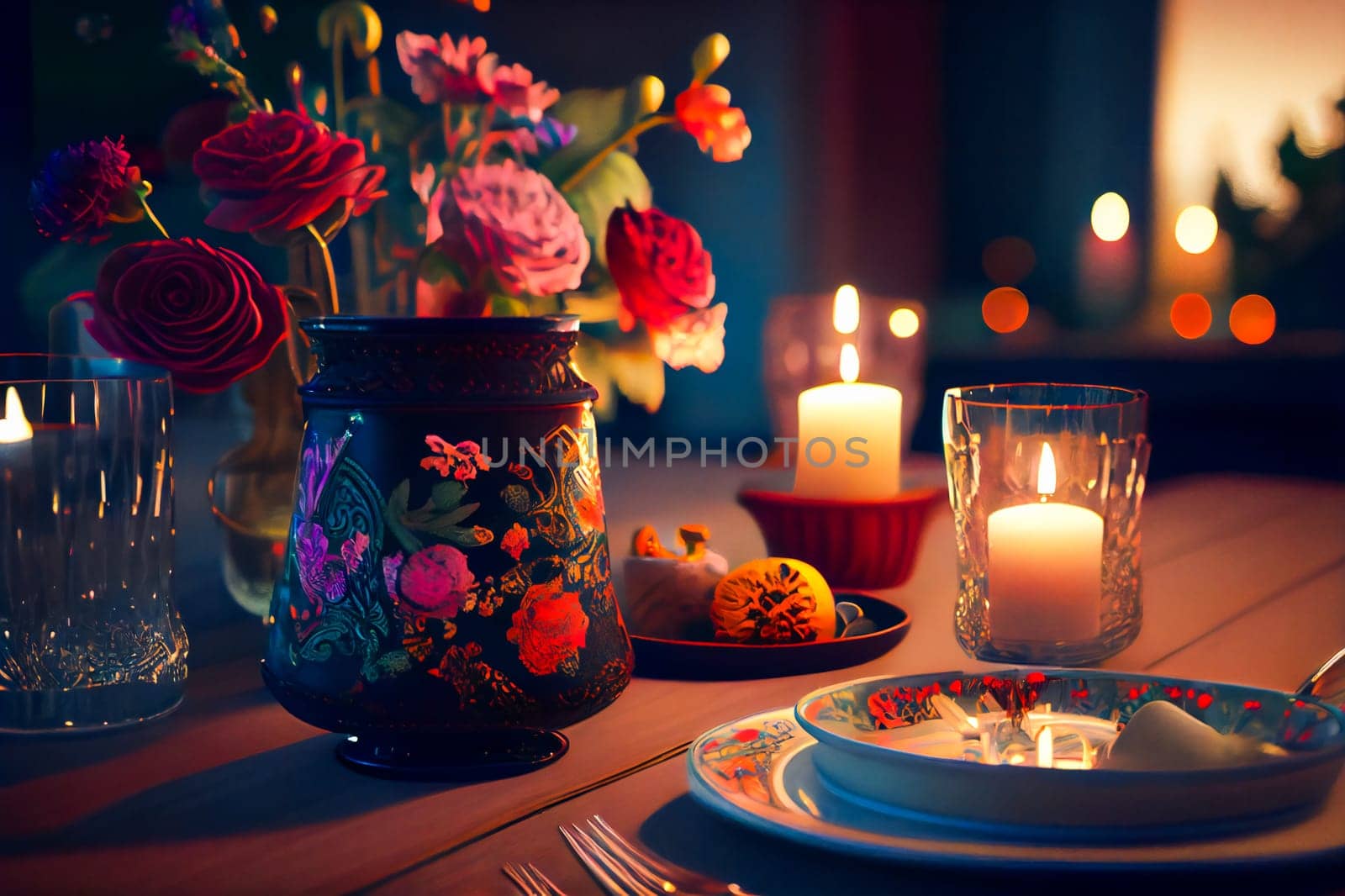 Elegant table set for a romantic dinner.  Generative AI.