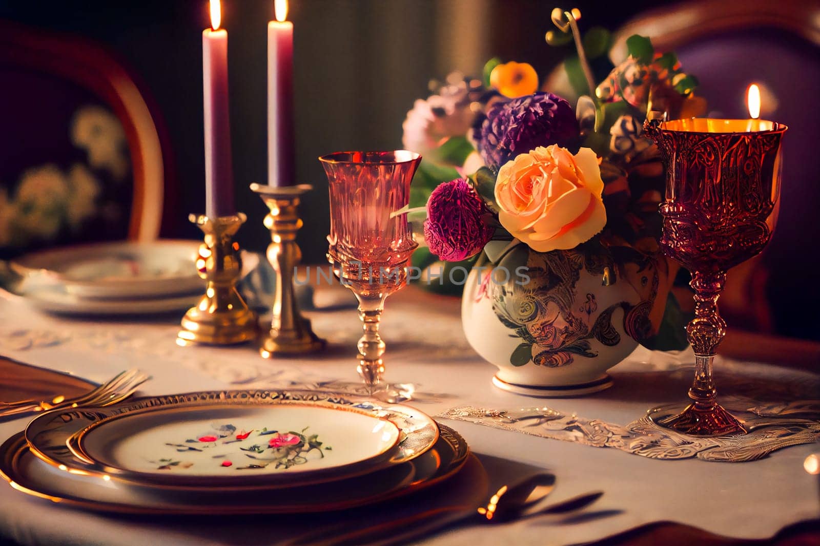 Elegant table set for a romantic dinner.  Generative AI.
