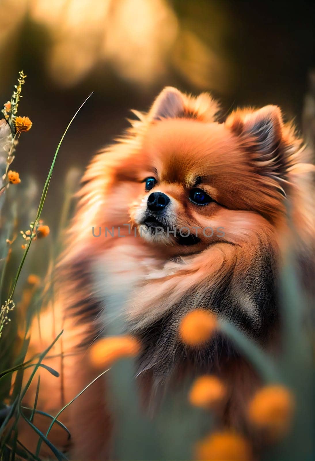 Portrait of cute pomeranian dog.  Generative AI.