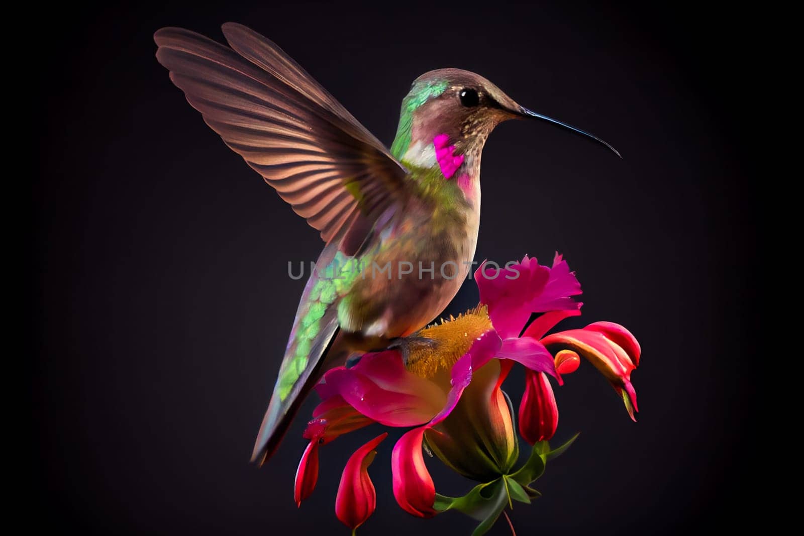 Hummingbird sitting on the flower. Generative AI.
