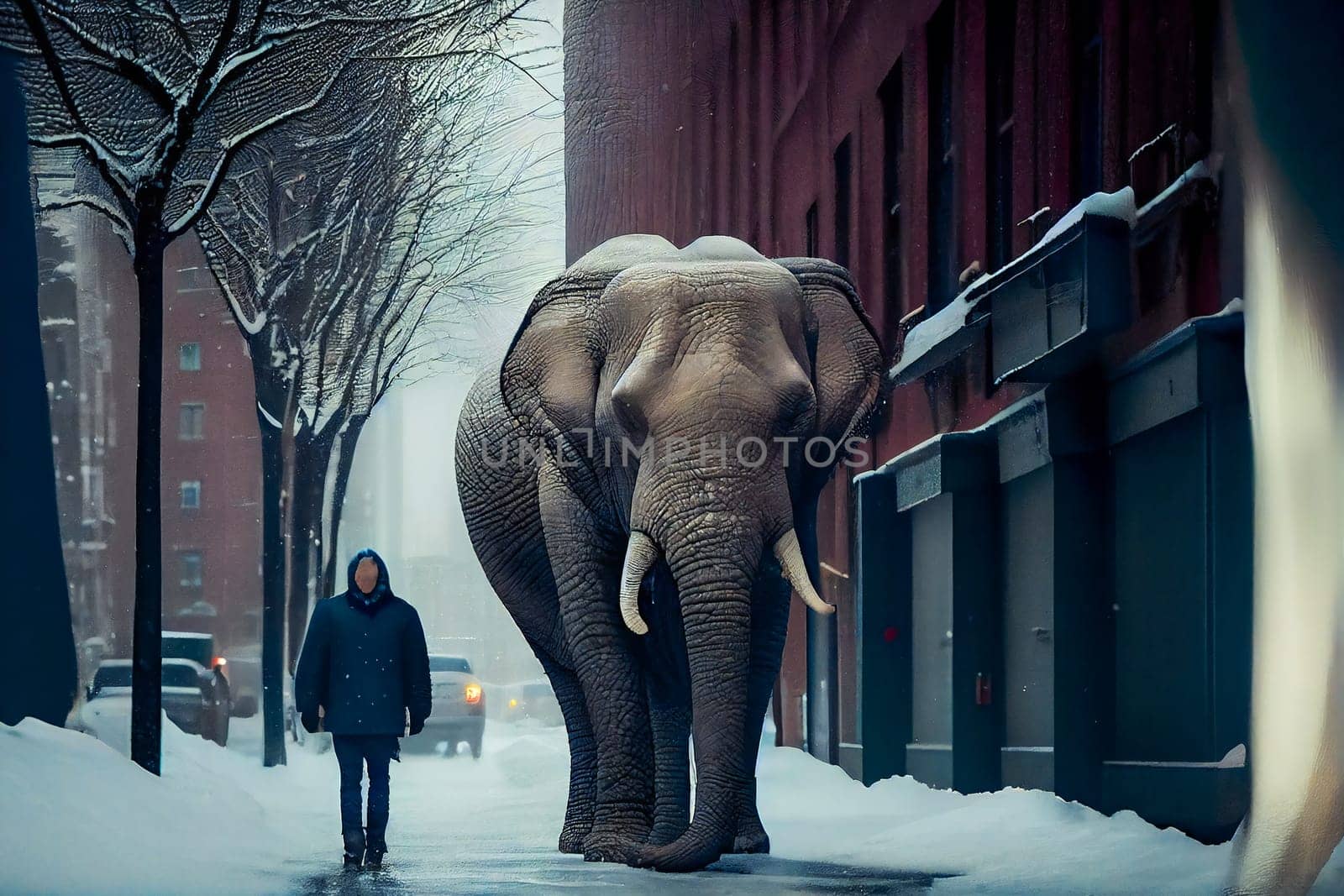 Elephant walking in snowy city.  Generative AI.
