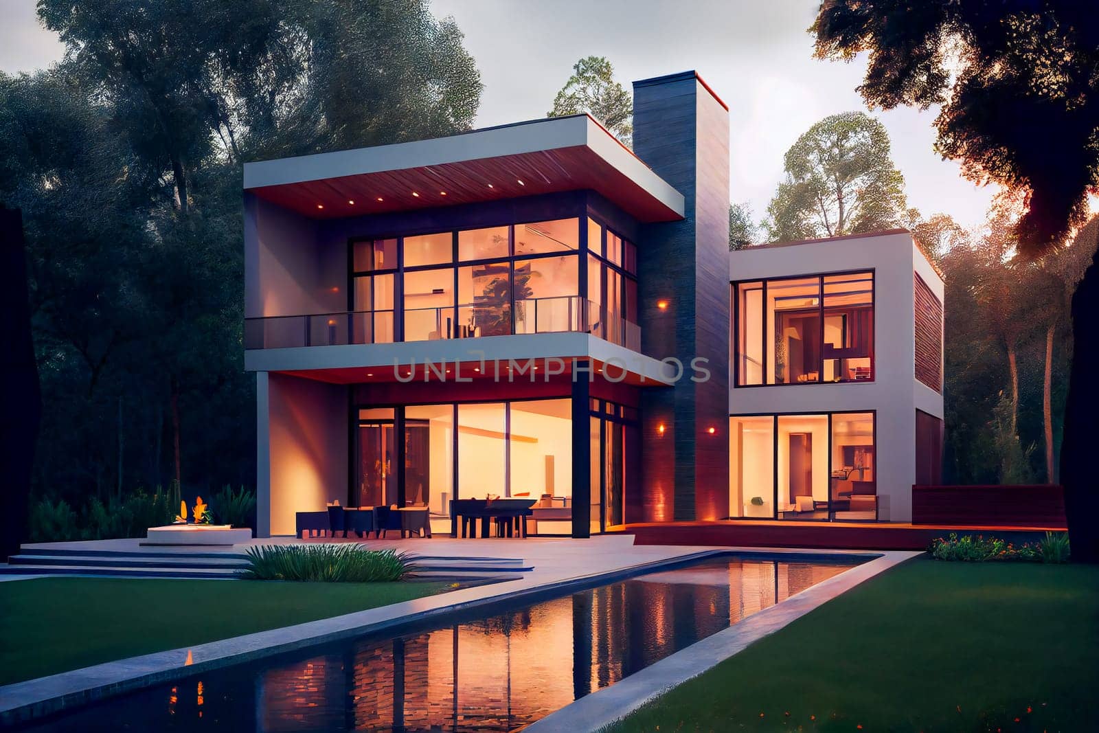 Exterior of a luxury house with swimming pool.  Modern  Villa.   Generative AI.