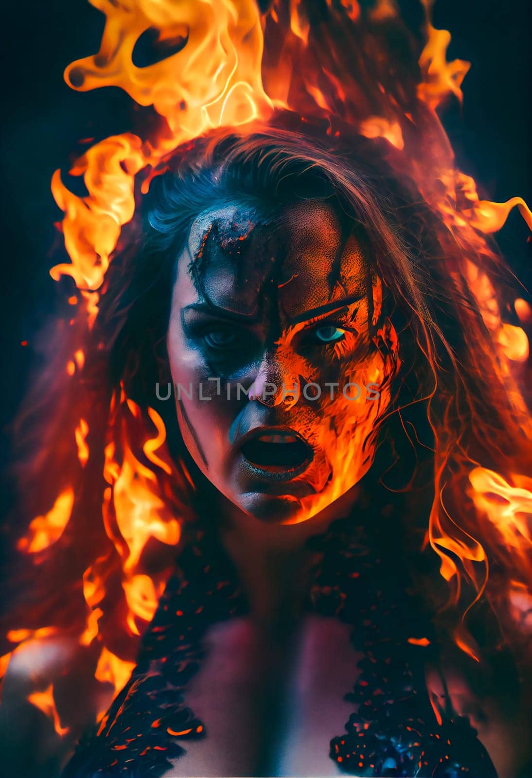 Fiery girl.  Woman  in flames and fire.  Generative AI.