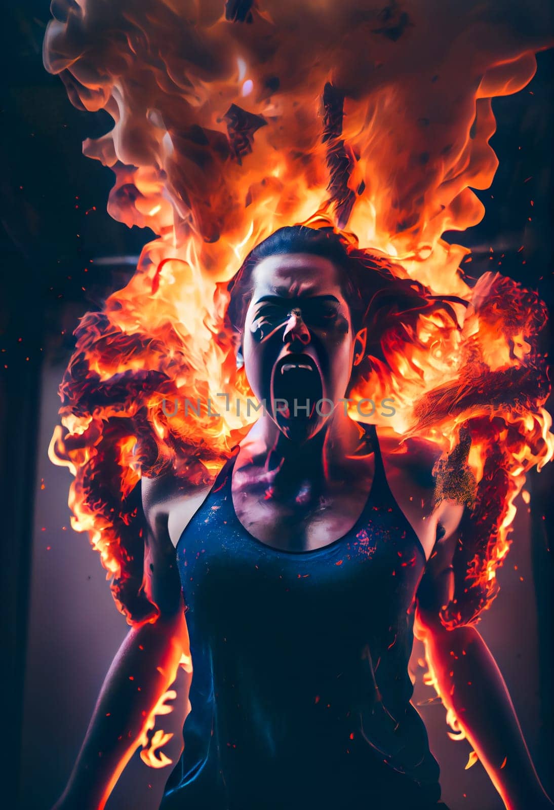 Fiery girl.  Woman  in flames and fire.  Generative AI.