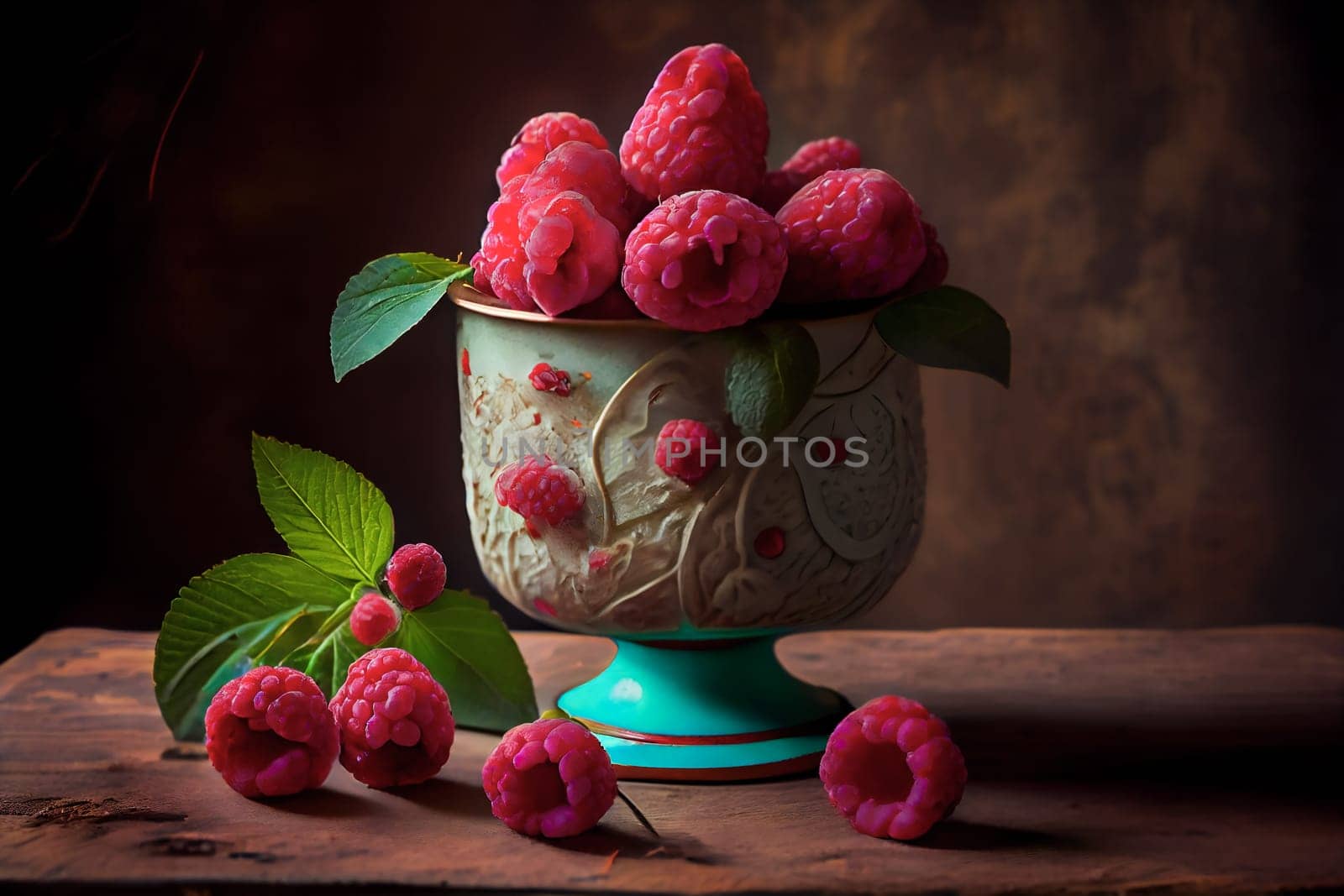 Fresh sweet raspberry on the  table.  Generative AI.