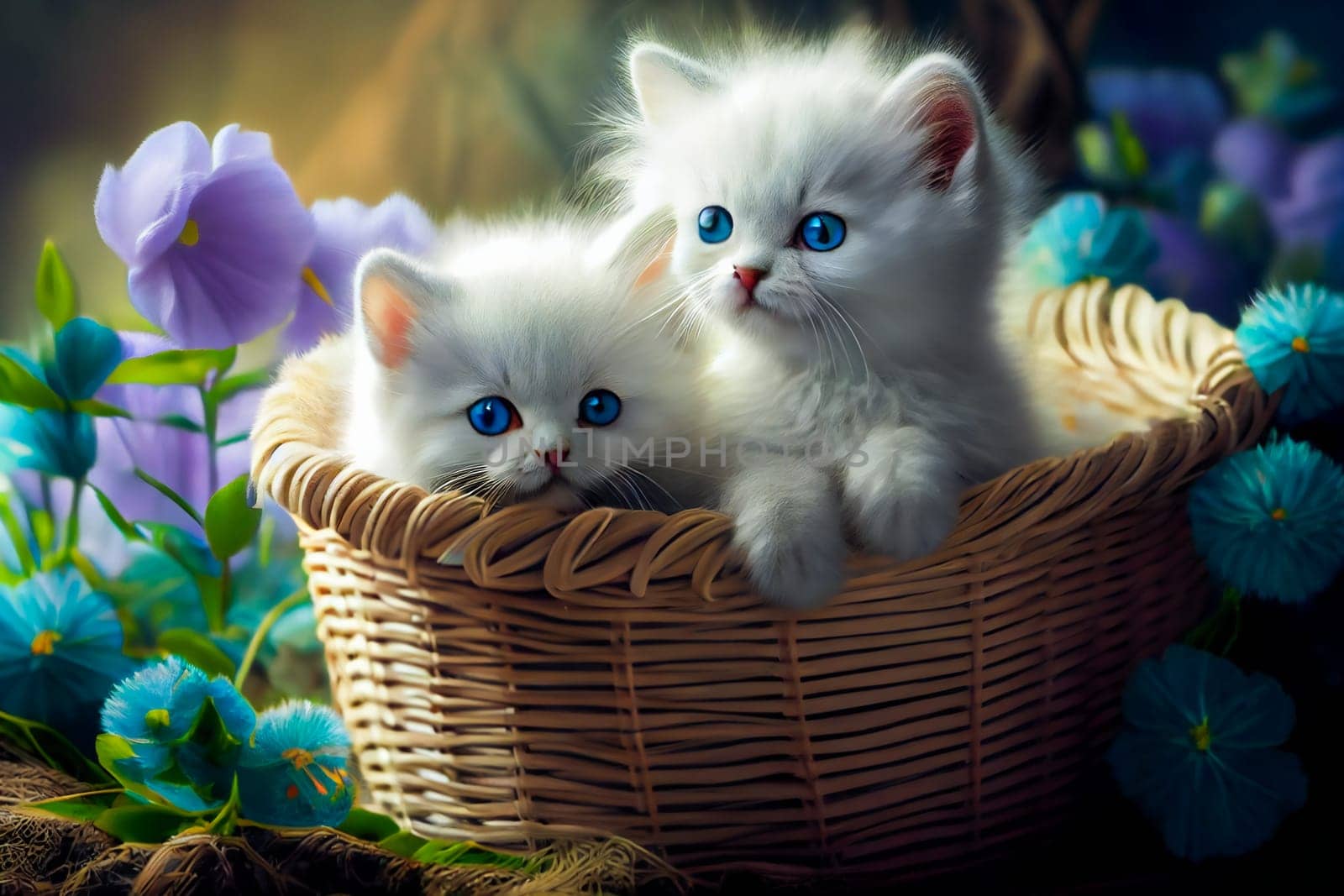Fluffy white kittens sitting in a  wicker basket.  Generative AI.