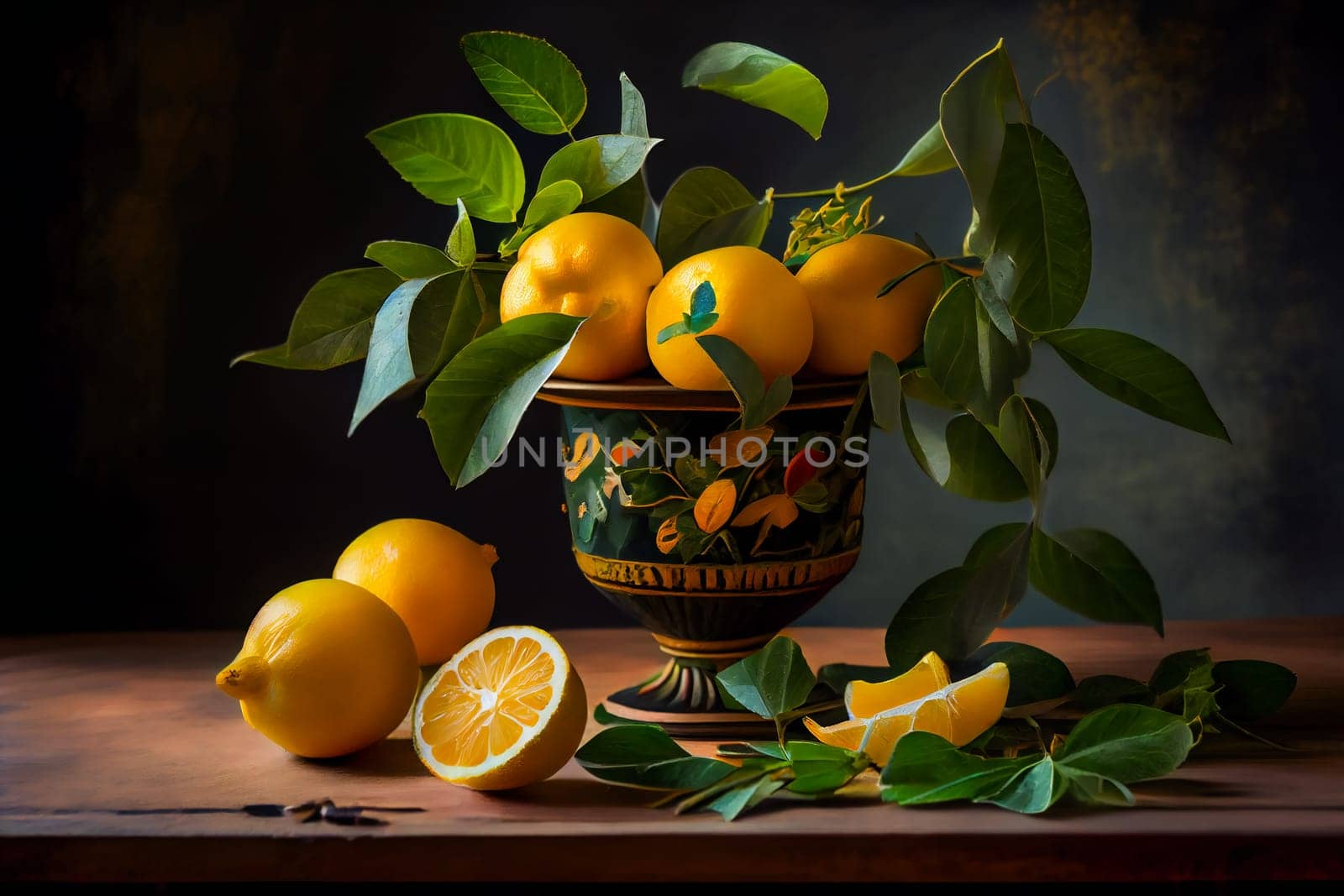 Fresh lemons with leaves.  Generative AI.
