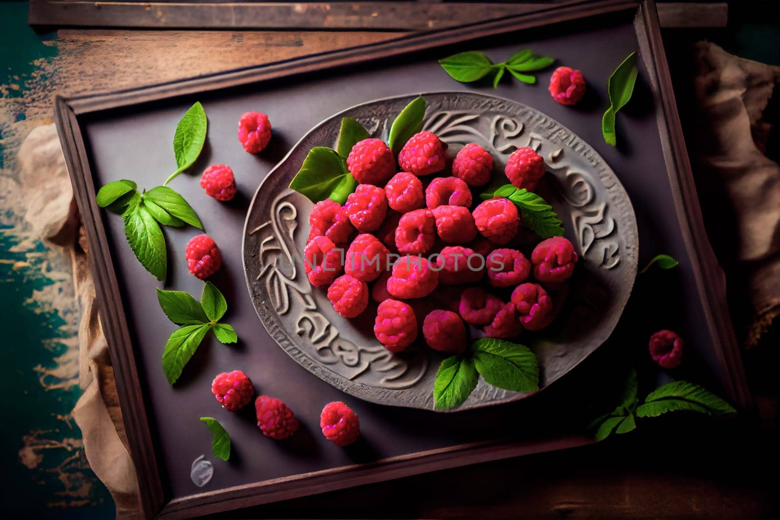 Fresh sweet raspberry on the  table.  Generative AI.