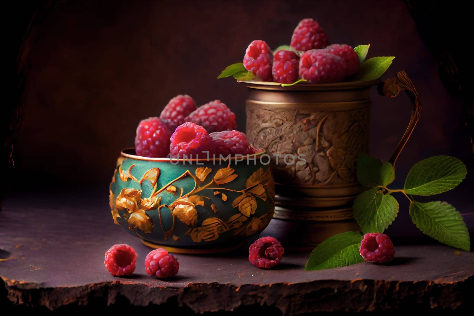 Fresh sweet raspberry on the  table.  Generative AI.