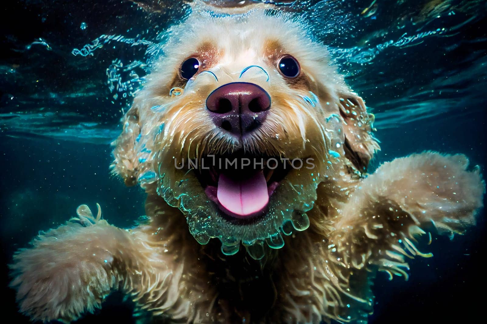 Funny Dog Underwater.  Generative AI.
