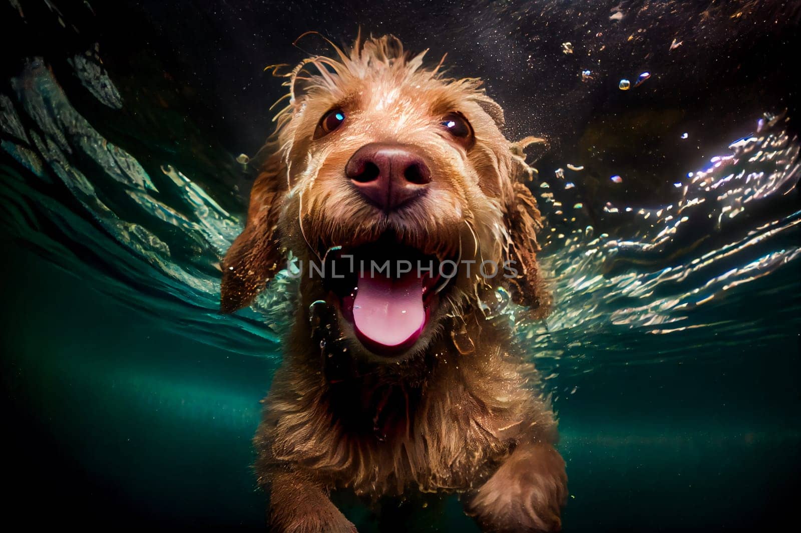 Funny Dog Underwater.  Generative AI.