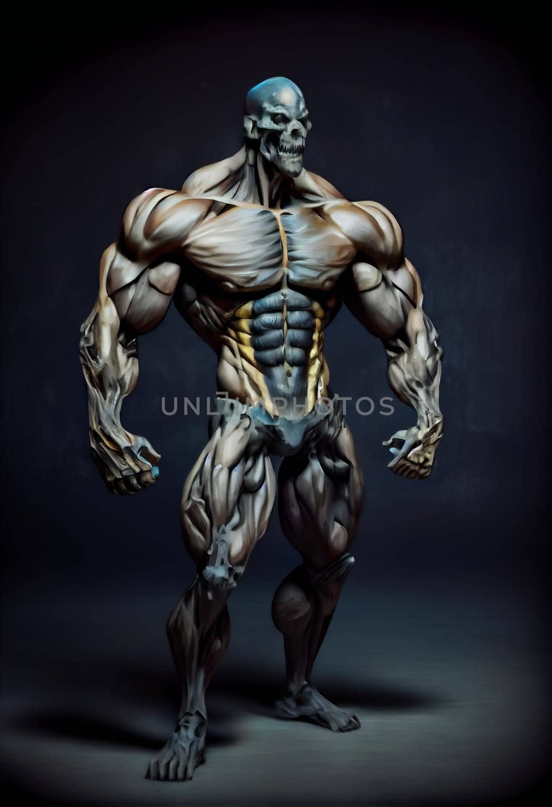 Monster with huge muscles and Skull Face.  Generative AI.