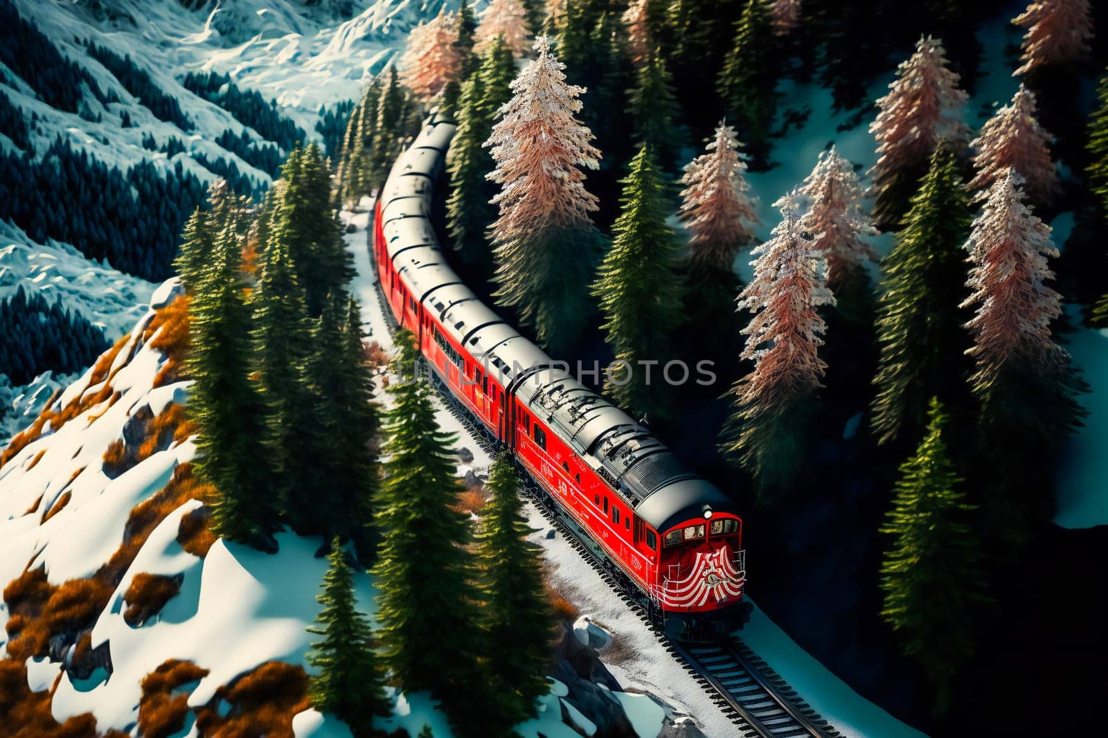 Red train around the beautiful  mountains.  Generative AI.