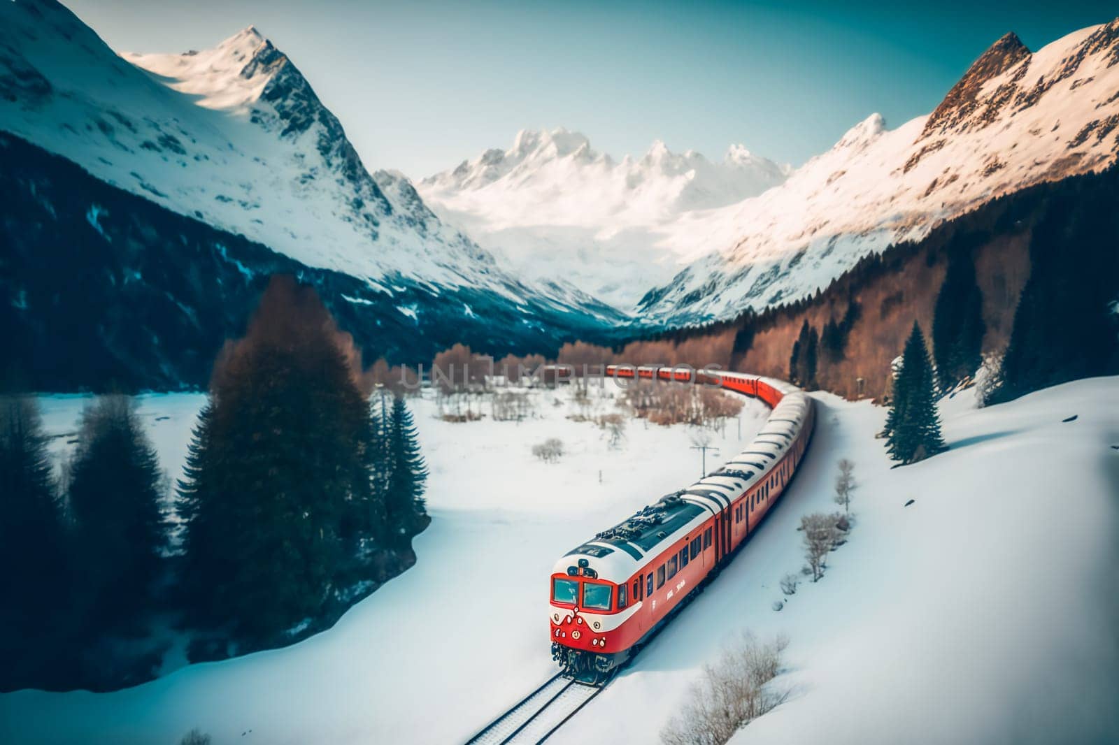 Red train around the beautiful  mountains.  Generative AI.