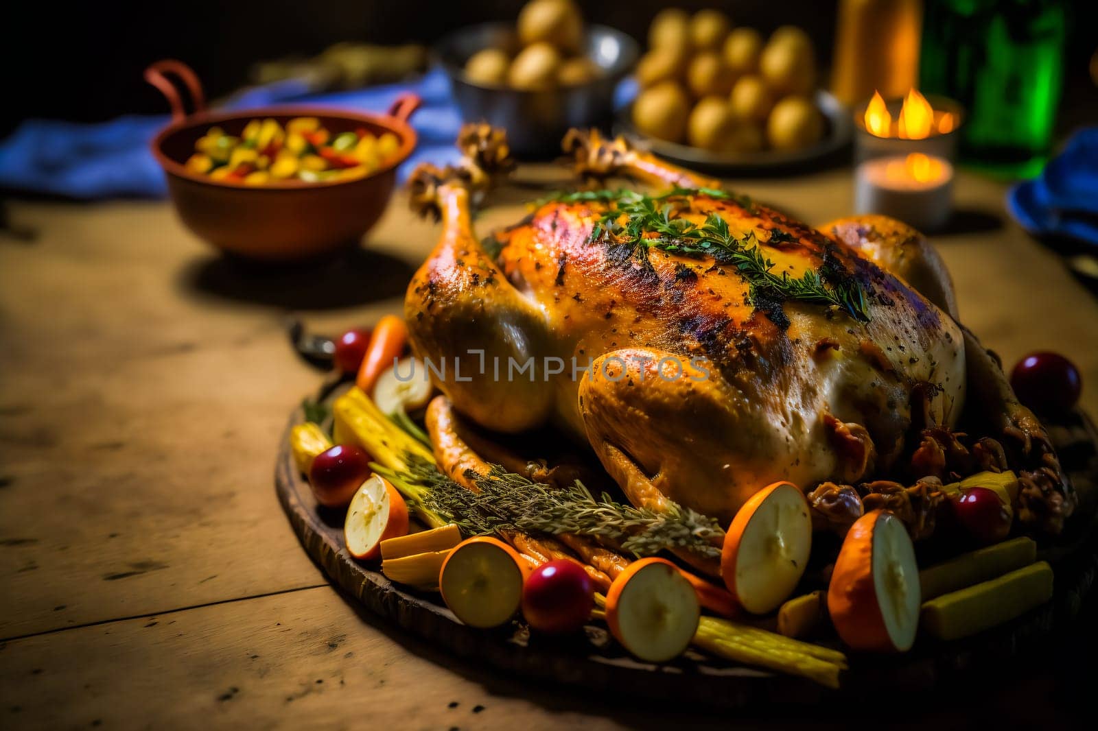 Roasted chicken with assortment of vegetables.  Oven-baked chicken. Rustic food. Home made food.   Generative AI.