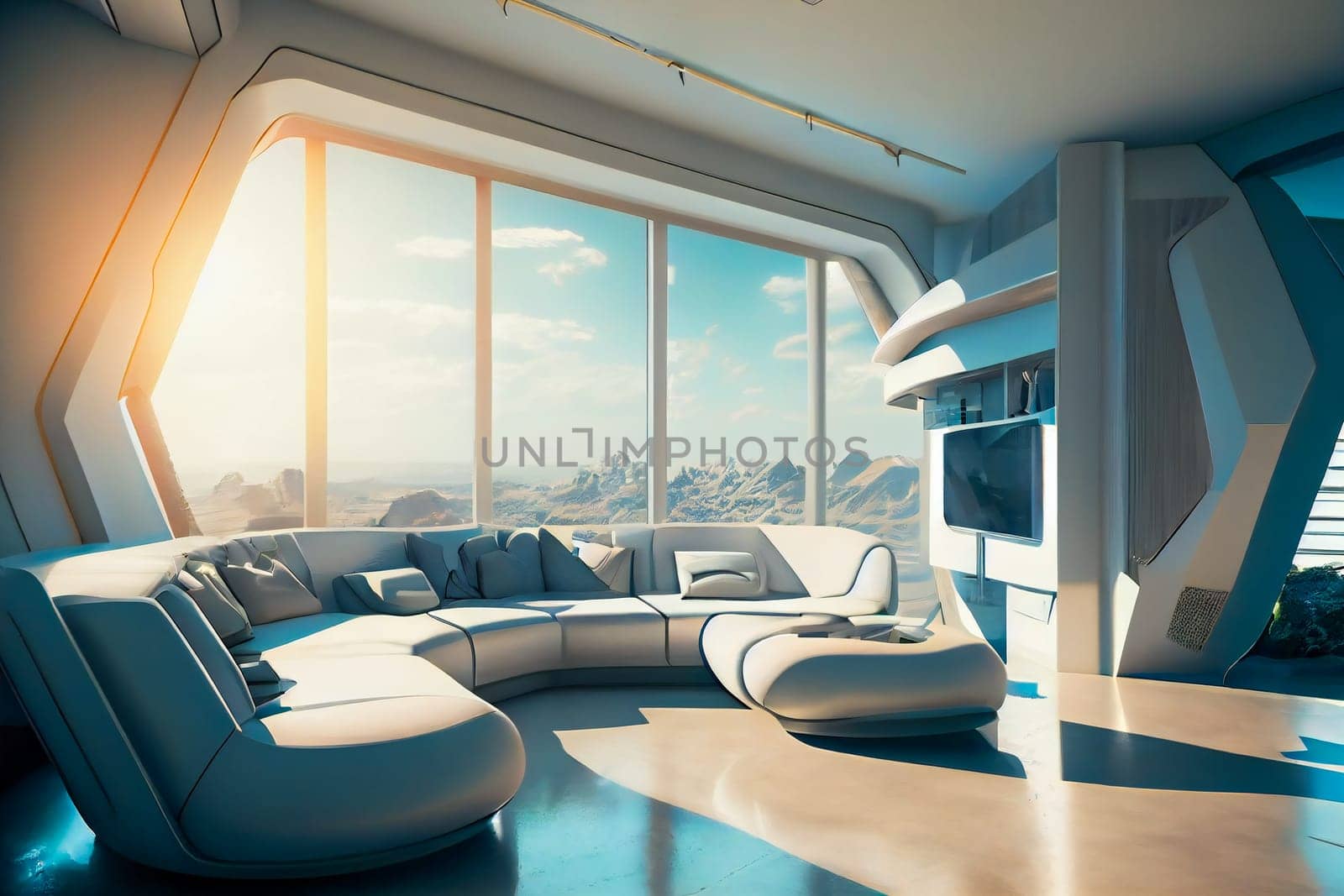 Futuristic  living room.  Modern interior.  Generative AI.