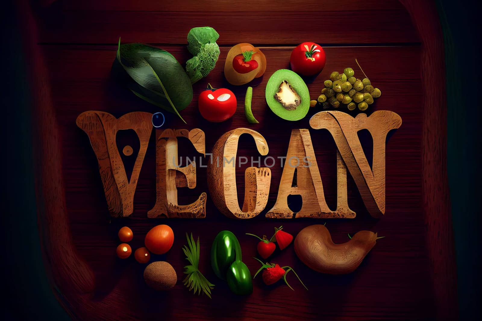 Vegan concept with vegan word on wooden background and vegetable. Generative AI.