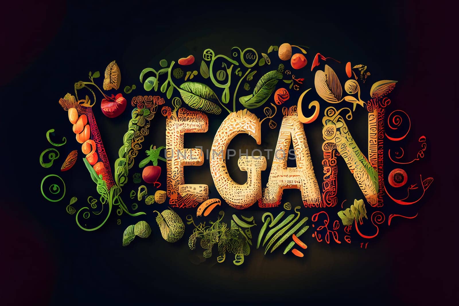 Vegan concept with vegan word on wooden background and vegetable. Generative AI.