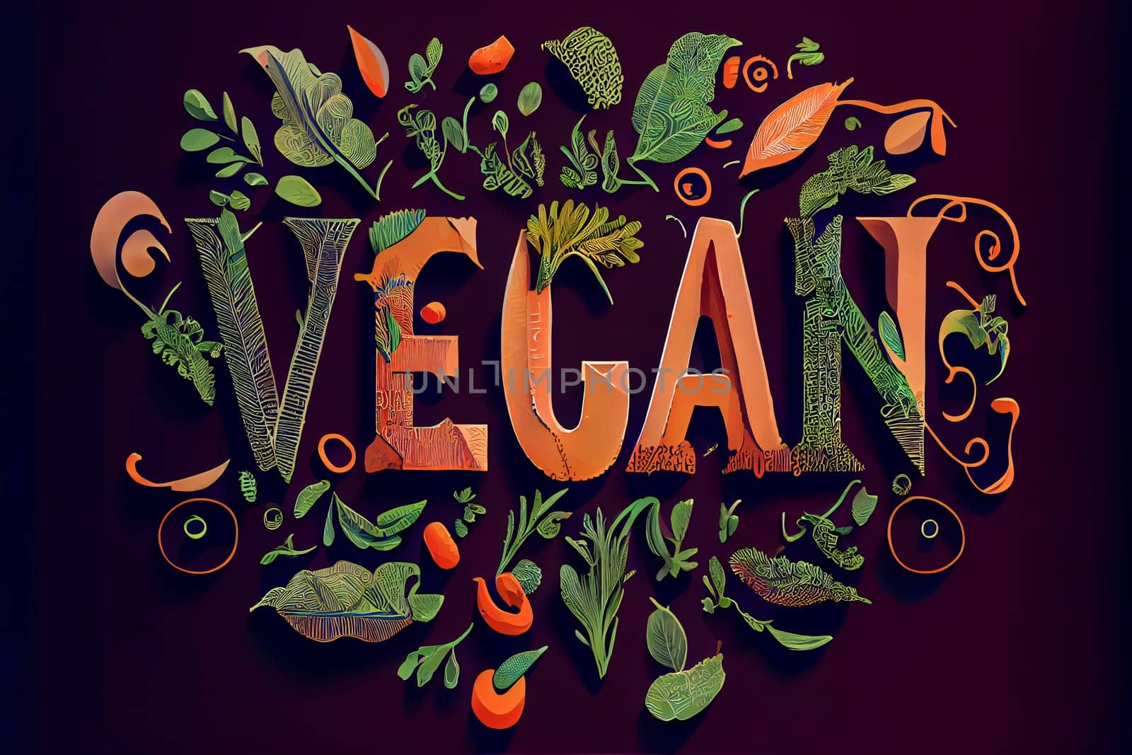 Vegan concept with vegan word on wooden background and vegetable. Generative AI.