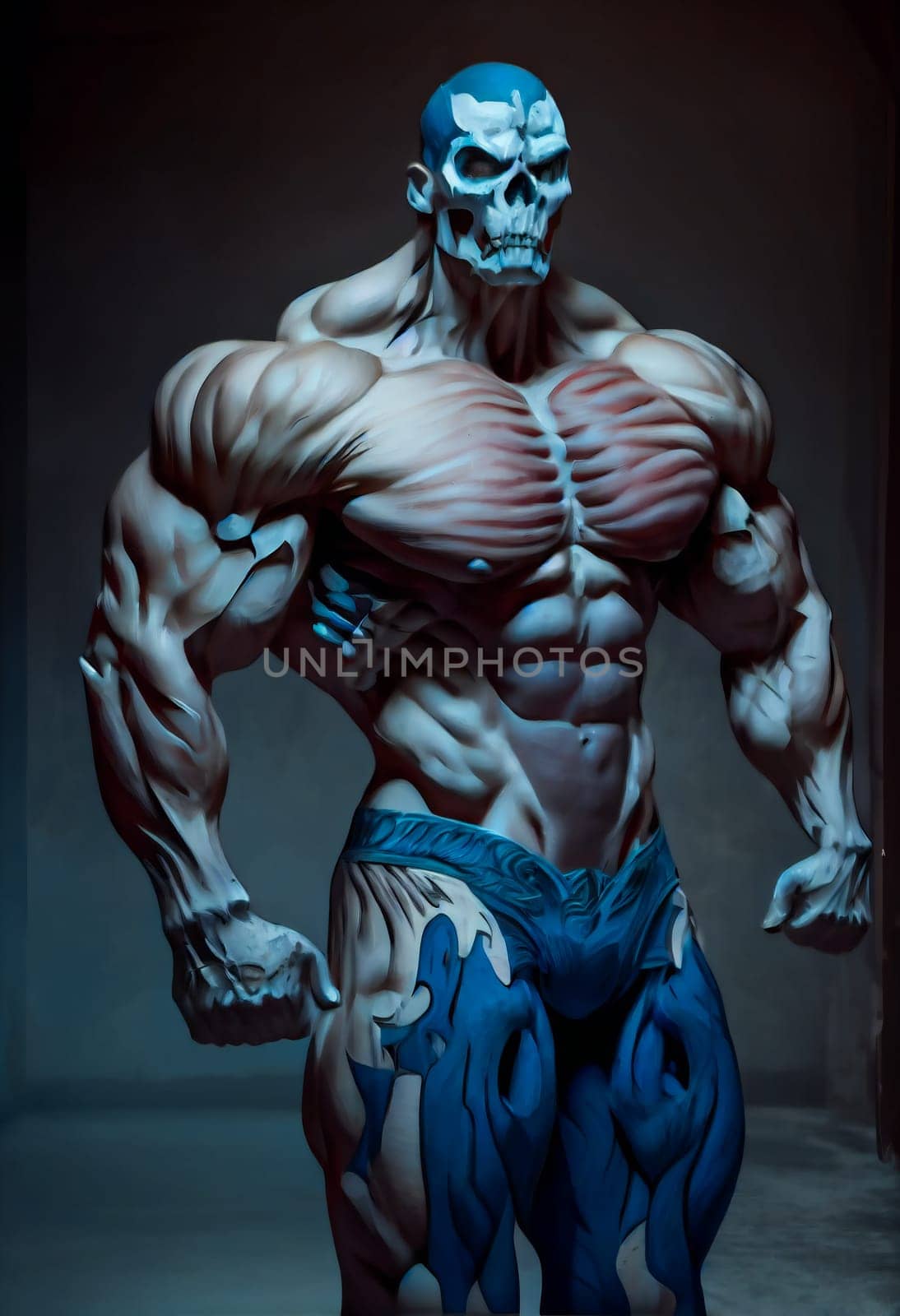 Monster with huge muscles and Skull Face.  Generative AI.