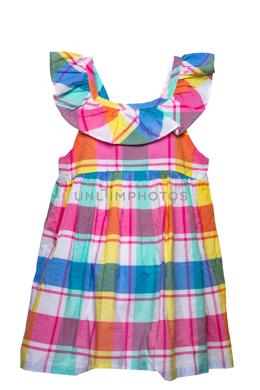 Summer dress isolated. Closeup of a colorful checkered sleeveless baby girl dress isolated on a white background. Children spring fashion. Clipping path. Front view.