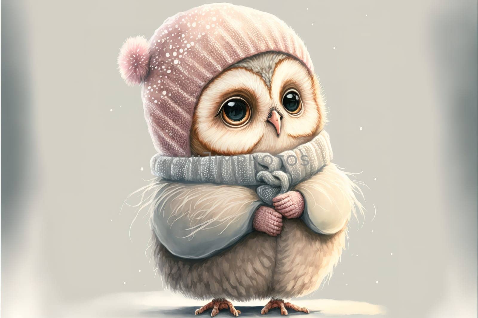A cute, little, baby owl in warm winter clothes, symbol of love. Pastel, animal concept. Valentine's Day, love, cute fairy tale creature. Illustration