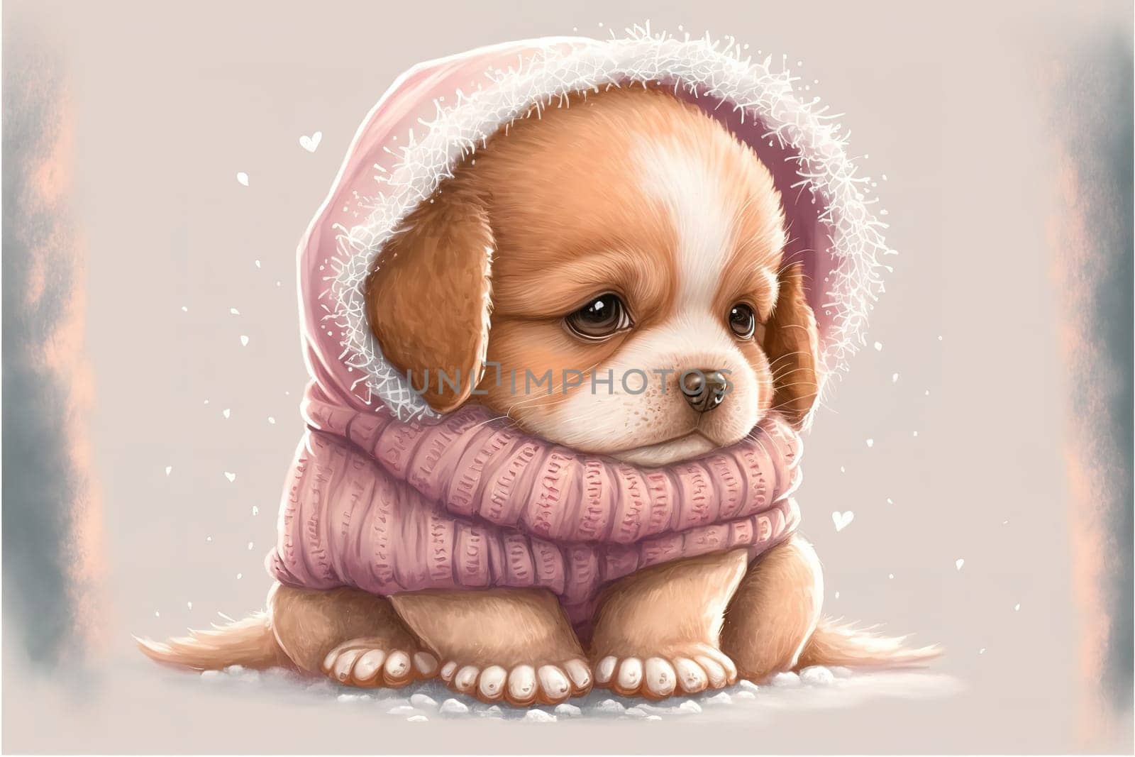 A cute, little, baby puppy in warm winter clothes, symbol of love. Pastel, dog, animal concept. Valentine's Day, love, cute fairy tale creature. Illustration.