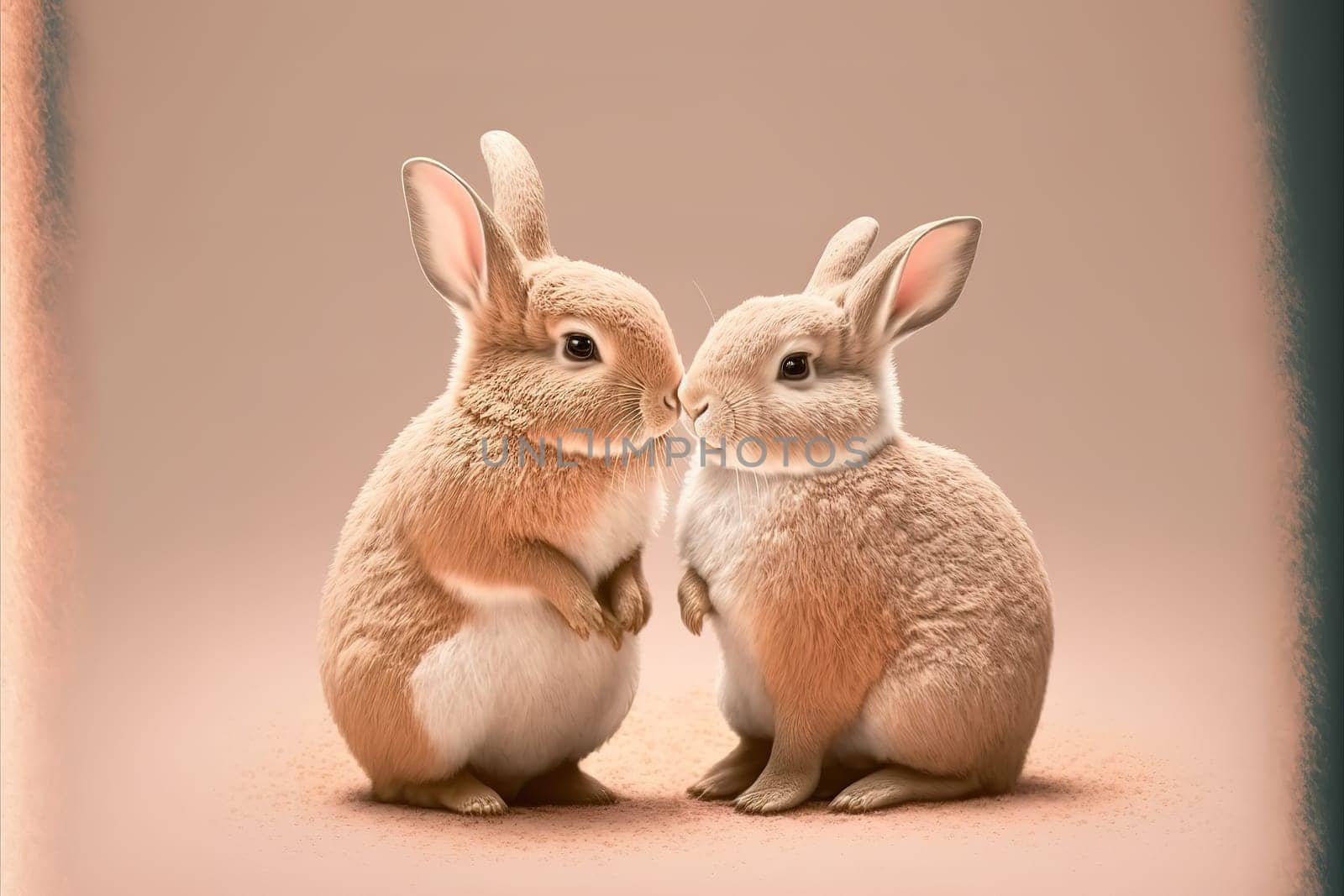 A cute, little two baby bunny, symbol of love. Pastel, creative, animal concept. Valentine's Day, a small rabbit couple in a pet relationship.