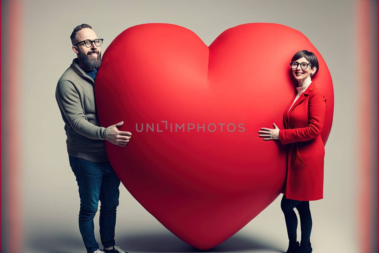 Cute couple holding a big red puzle heart, Valentines day and love concept.