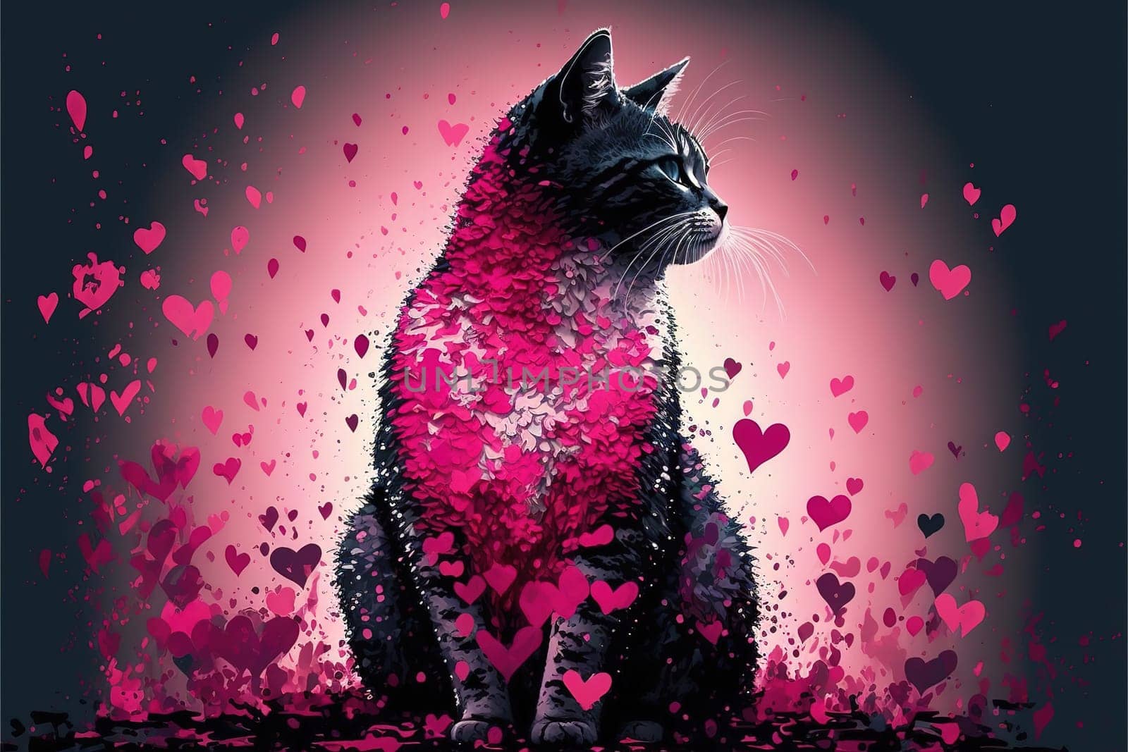 Amazing Abstract artwork of the single cat sitting in the lovely background full of pink hearts. Love and relationship Concept.