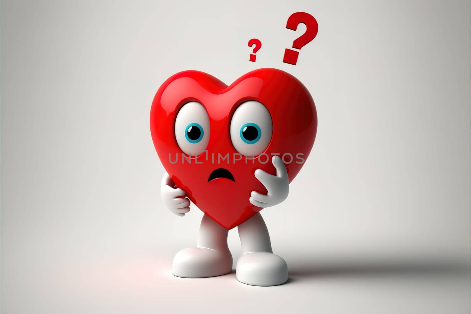 Character mascot with a red heart and a question mark on a white backdrop.