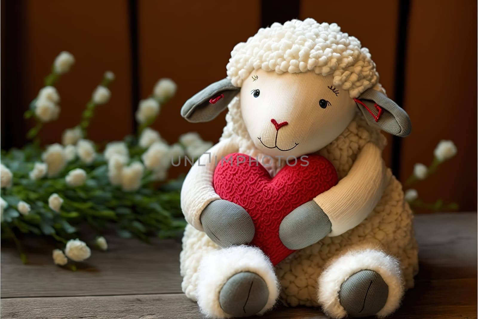 Cute stuffed animals for valentine's day. Adorable sheep stuffed animal hugs red heart.