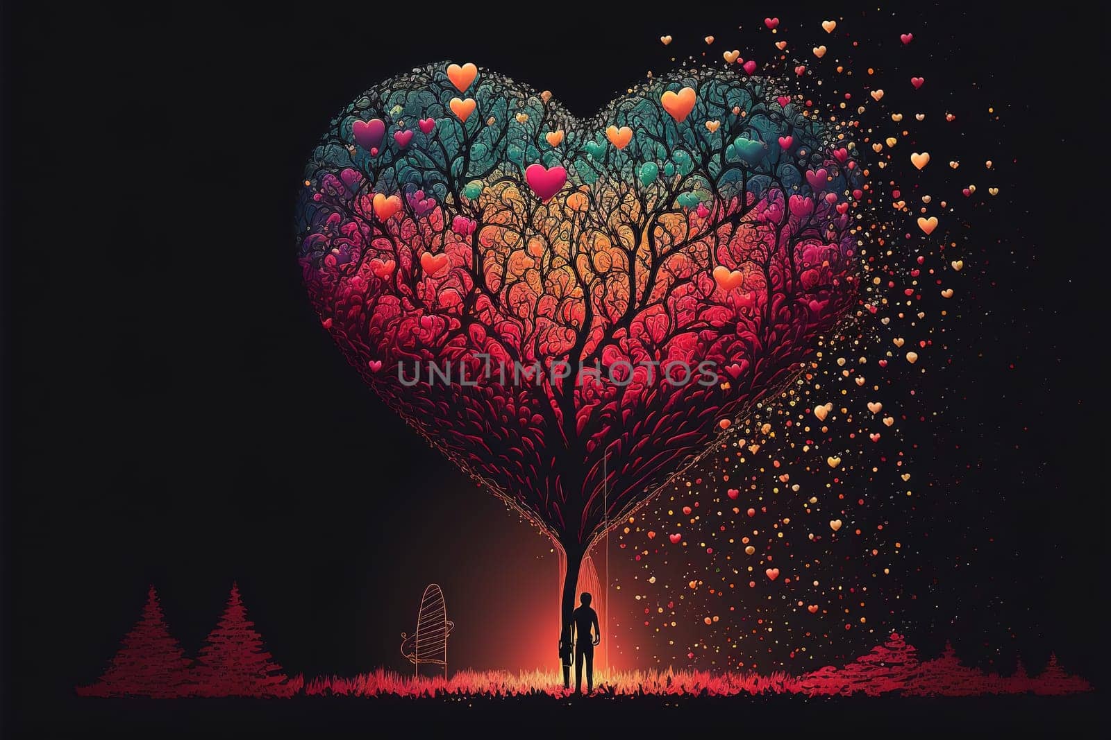 Beautiful illustration of a valentine´s day of a lonely character holdig a heart shapped balloon beside a colorful decorated tree on a dark background.