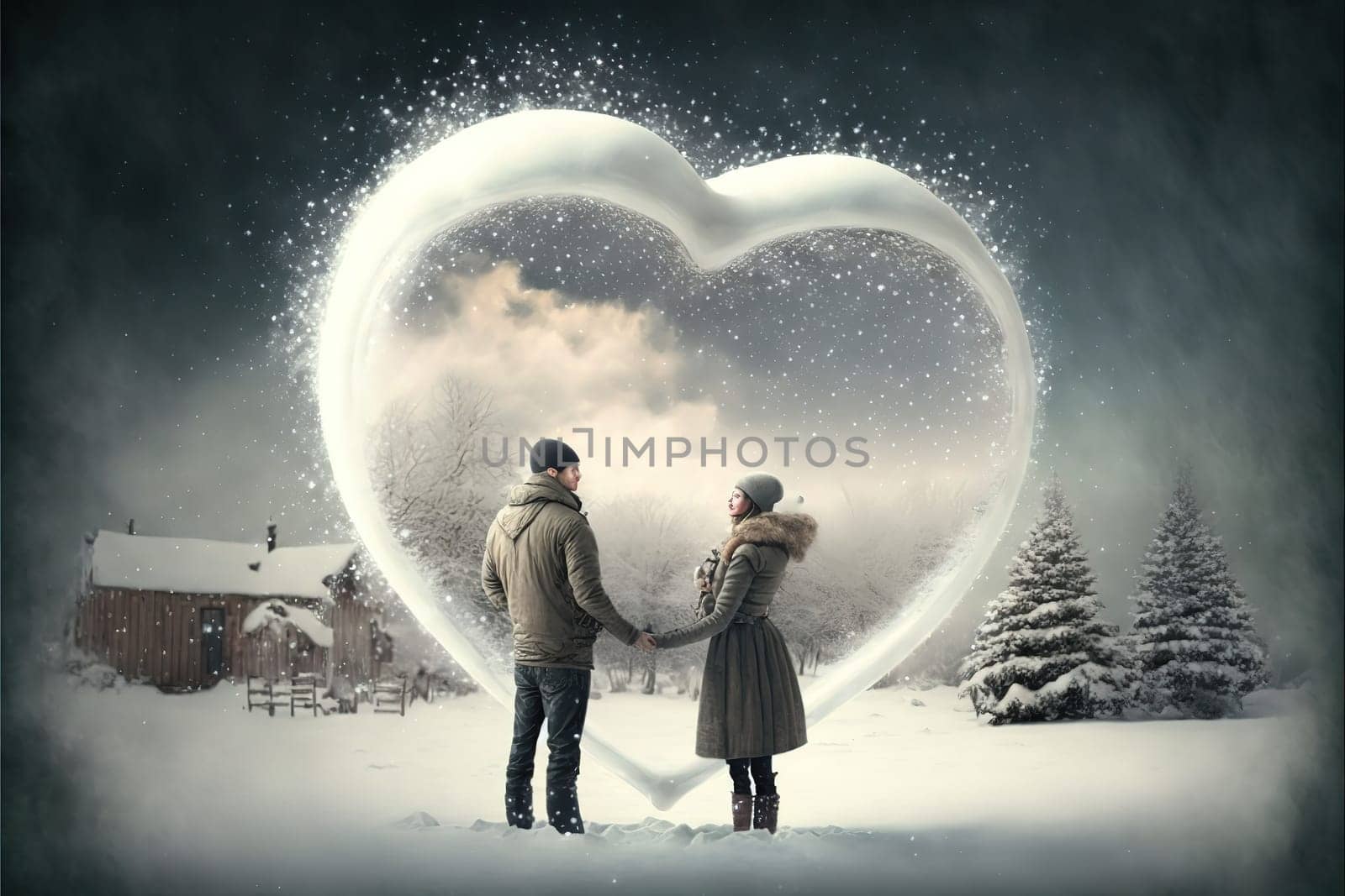 Couple in love dressed for winter outdoors enjoying a romantic moment with a white floating heart above.