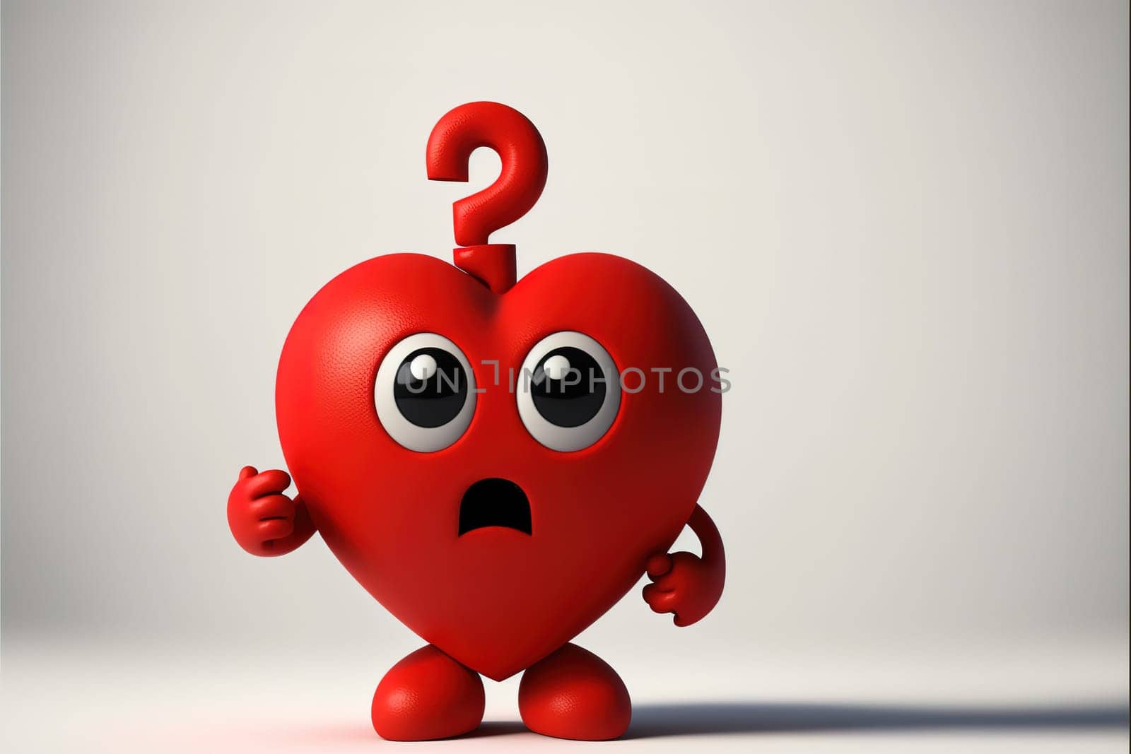 Character mascot with a red heart and a question mark on a white backdrop.