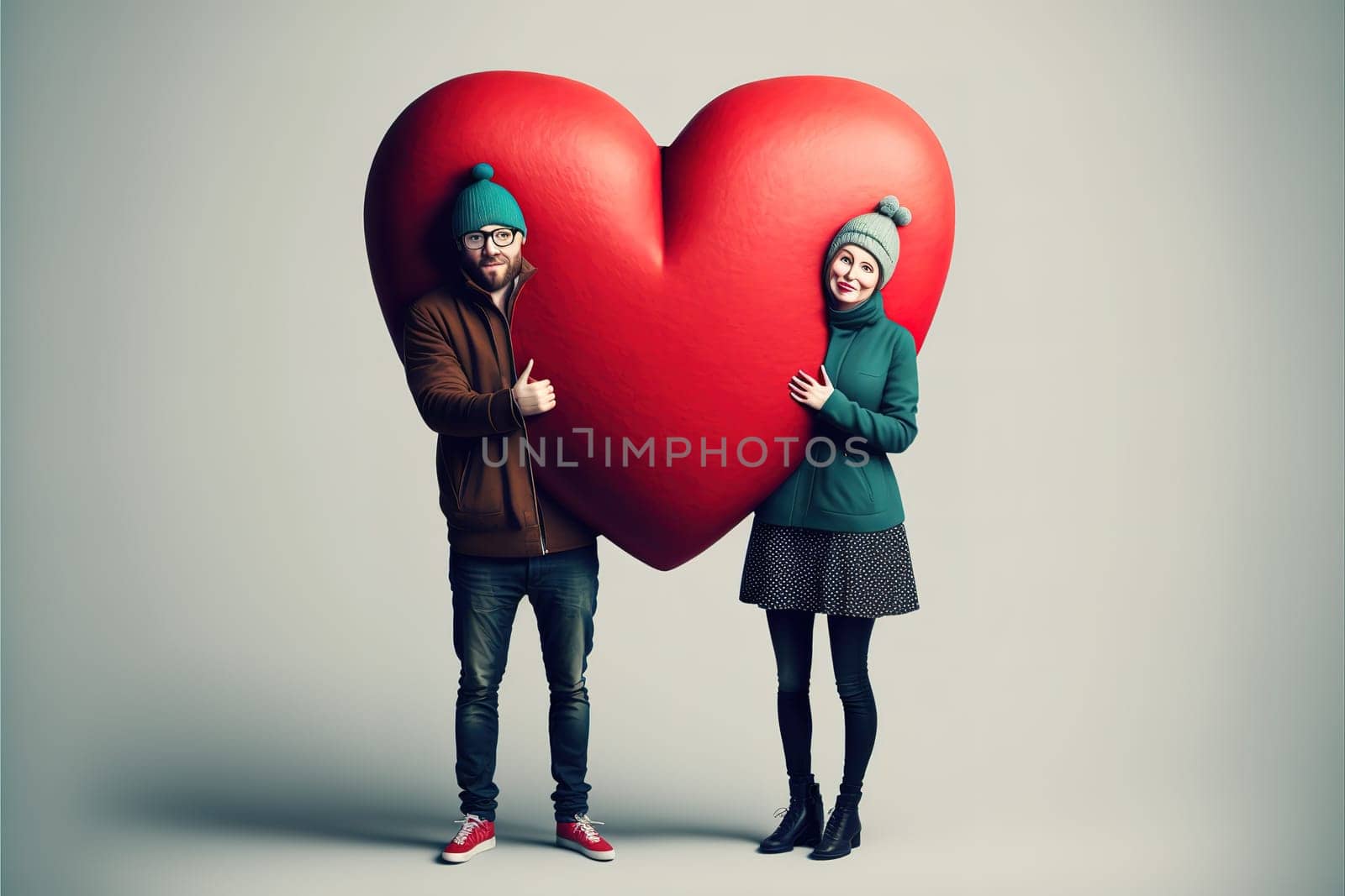 Cute couple holding a big red puzle heart, Valentines day and love concept.