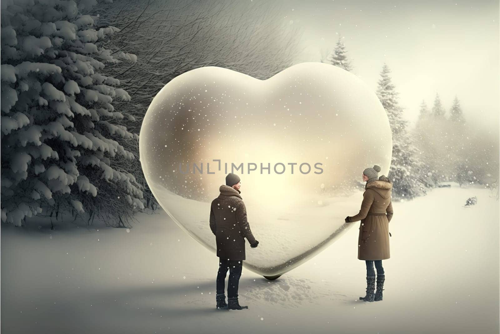 Couple in love dressed for winter outdoors enjoying a romantic moment with a white floating heart above.