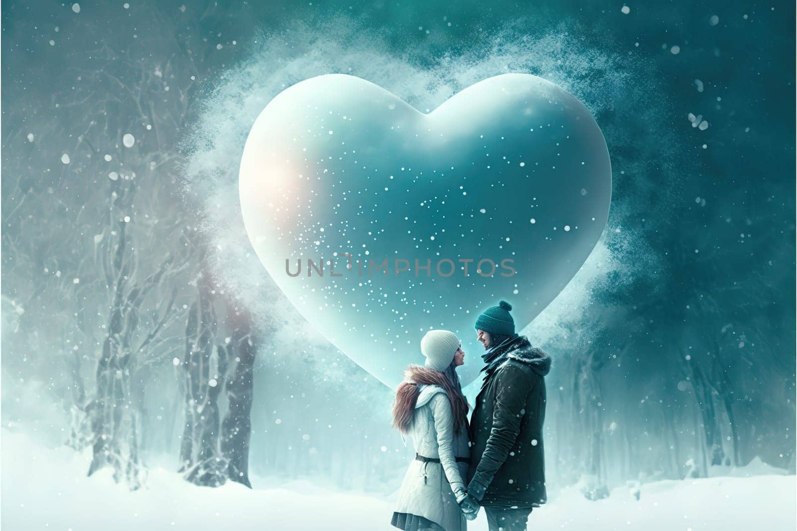 Couple in love dressed for winter outdoors enjoying a romantic moment with a white floating heart above.