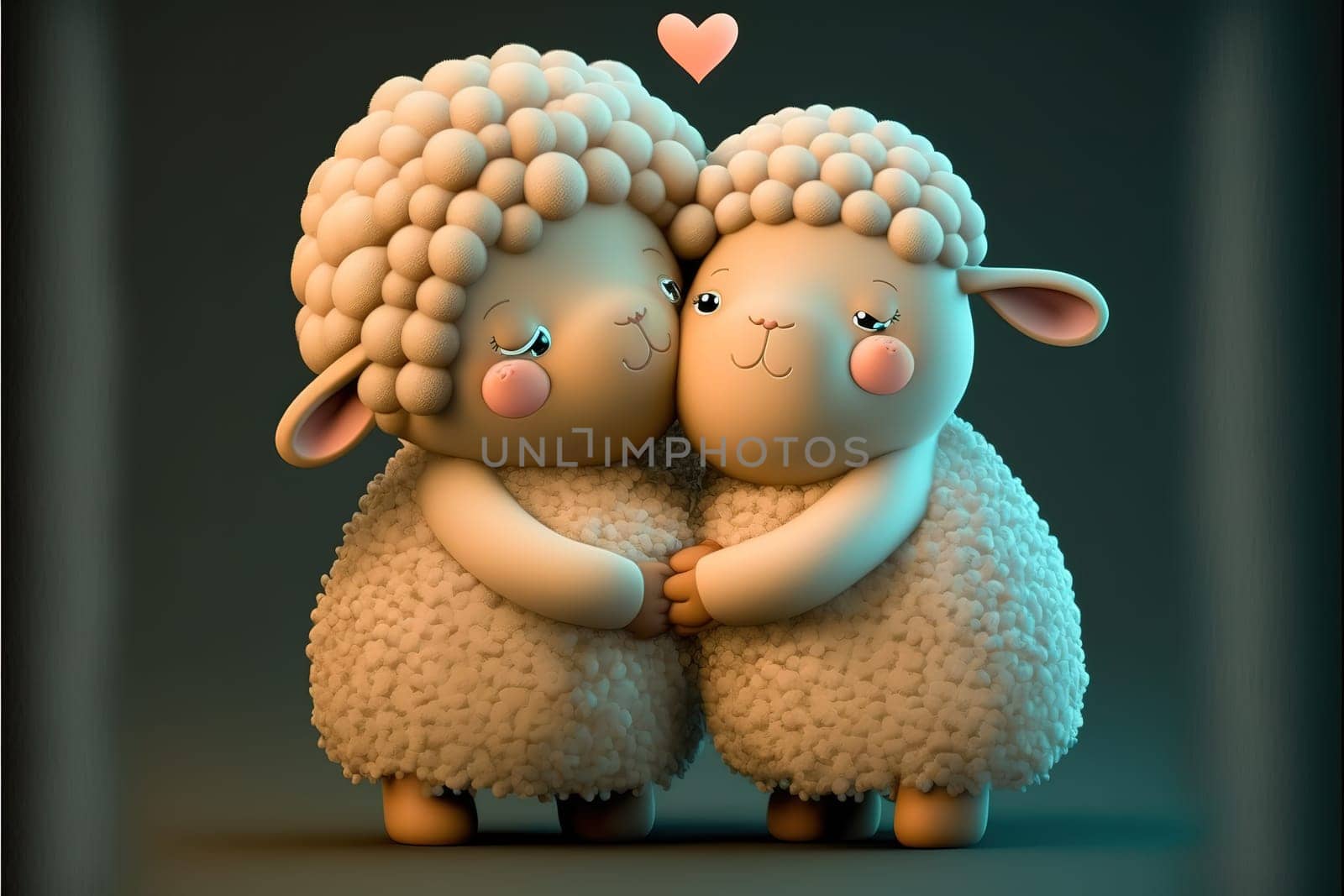 Little sheep in love hugging, kissing and enjoying in their love. Baby sheep illustrated cartoon characters from a fairy tale celebrating Valentine's Day.