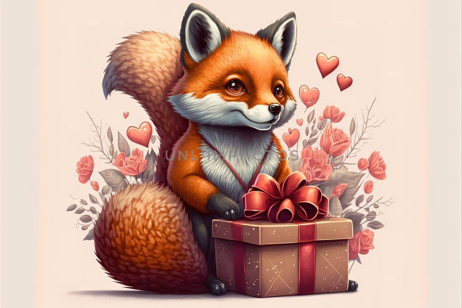 Cute foxy with Valentines presents animal for Valentine greeting card design, banner, sticker, home.