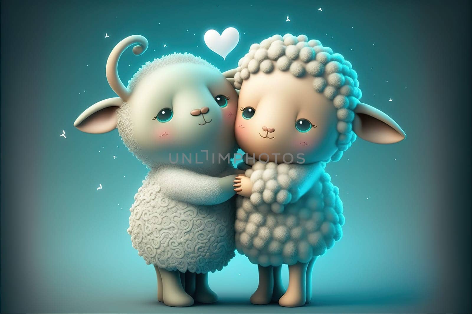 Little sheep in love hugging, kissing and enjoying in their love. Baby sheep illustrated cartoon characters from a fairy tale celebrating Valentine's Day.