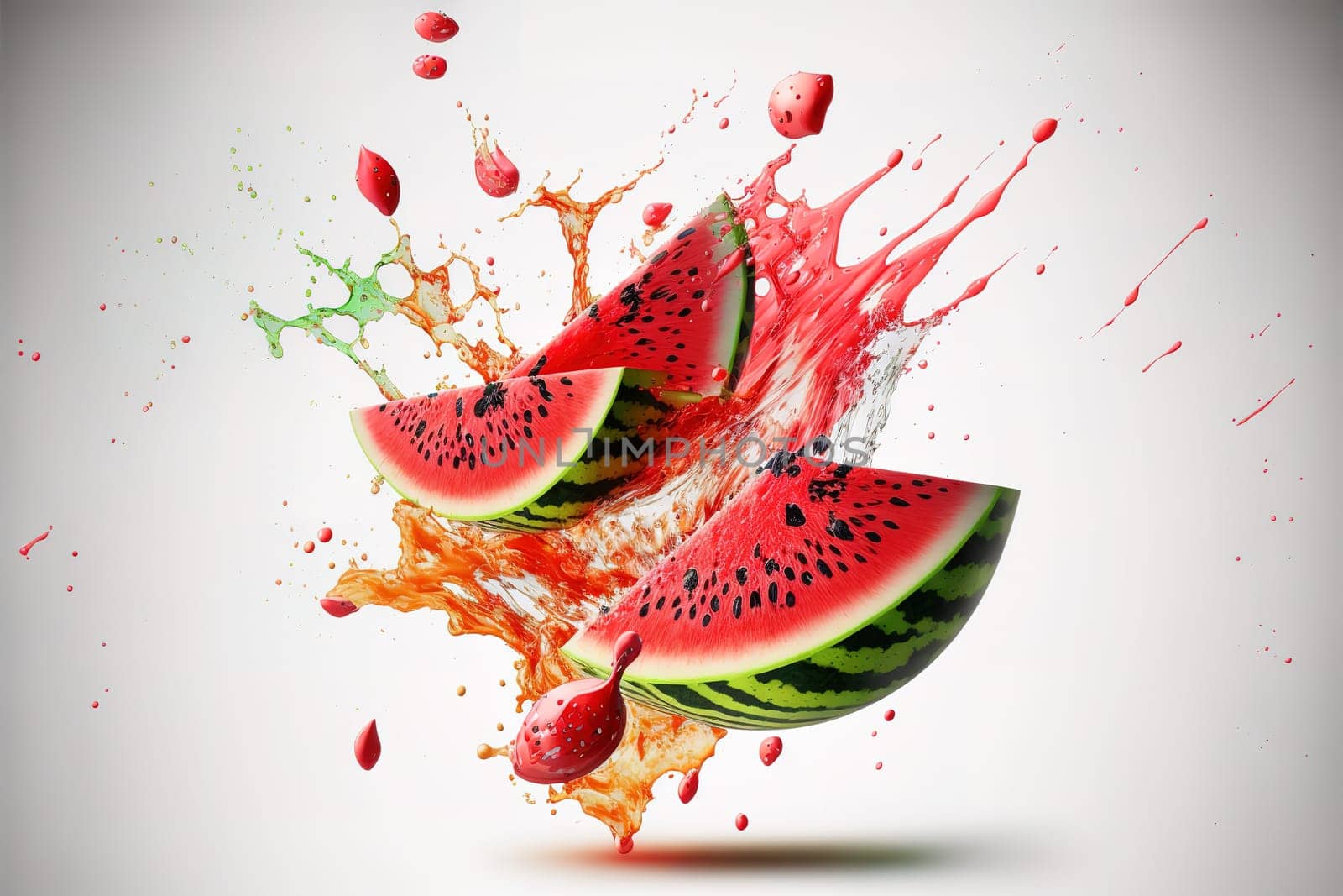 Fresh slices of watermelon flying on a plain background with exploding juice splash.