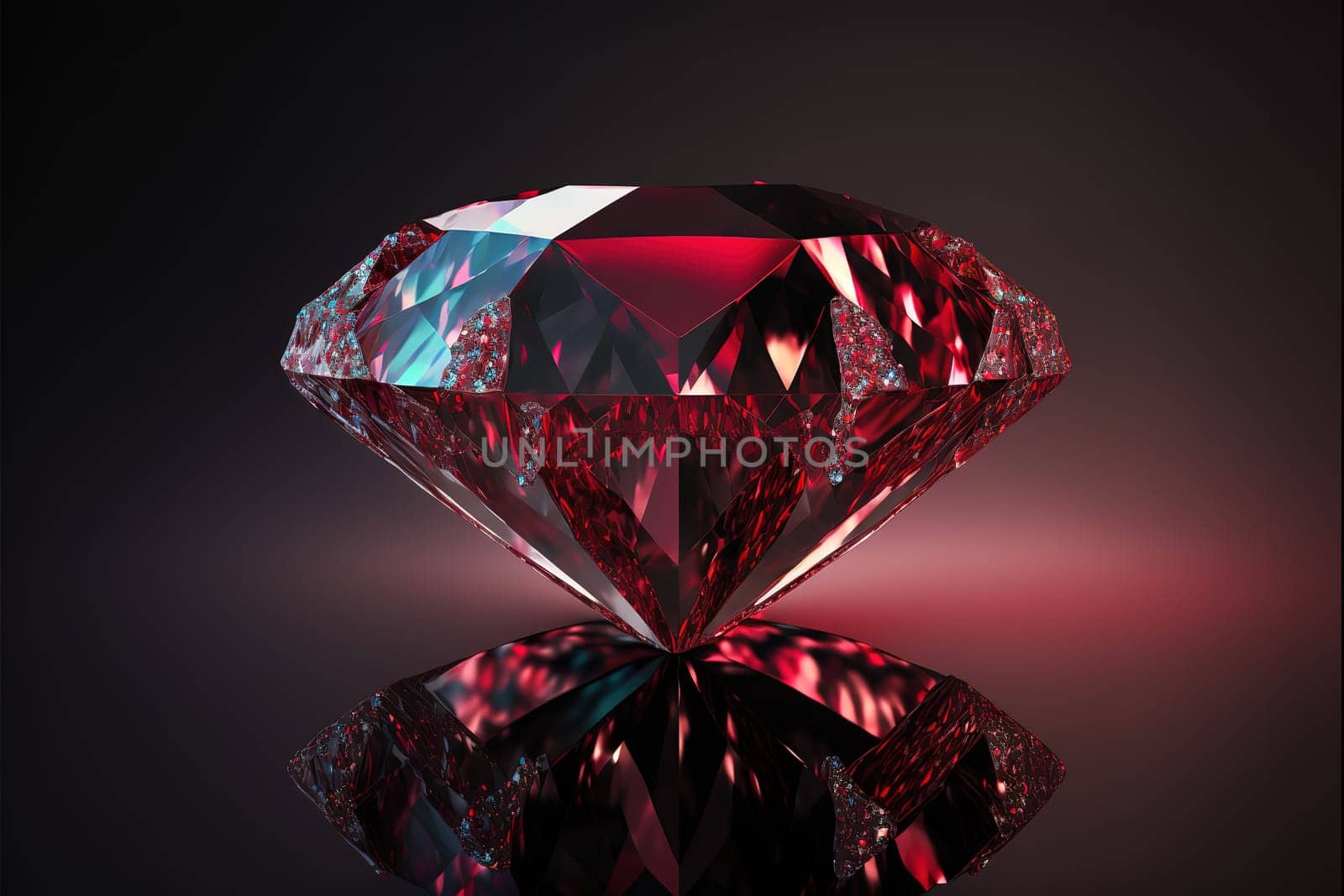 Ruby Gem Diamond dark reflection on gradient background 3d rendering.