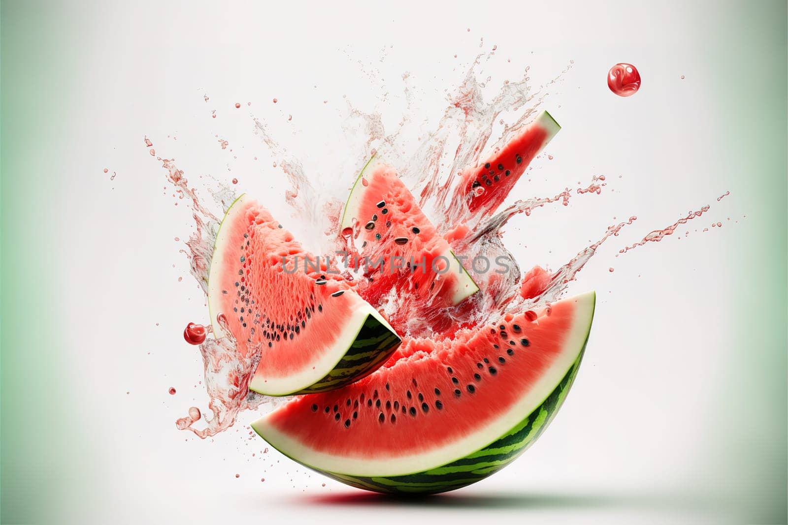 Fresh slices of watermelon flying on a plain background with exploding juice splash.