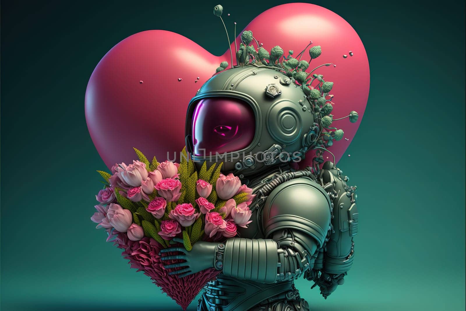 Futuristic love alien warrior astronaut robot in cyber suit, helmet made of fresh Spring flowers and hearts balloon, mask portrait. Valentine's Day from space. A fictional 3d character.