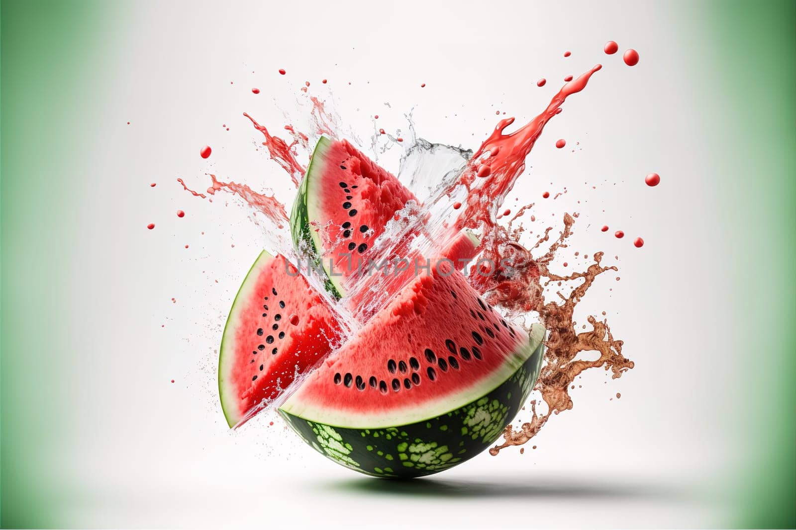 Fresh slices of watermelon flying on a plain background with exploding juice splash.